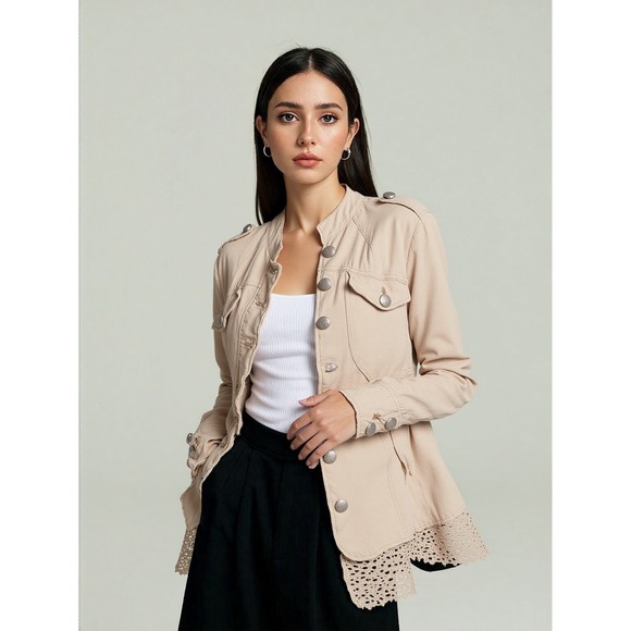 Free People Emilia Jacket Sz L Khaki‎ Linen Blend Feminine Boho *Missing Belt* - Picture 1 of 12